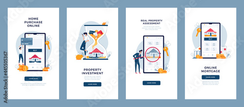 Mortgage, Real estate concepts set. House buying online, property assessment, appraisal, investment. Real estate purchase, mortgage banners collection for website development.Flat vector illustration photo