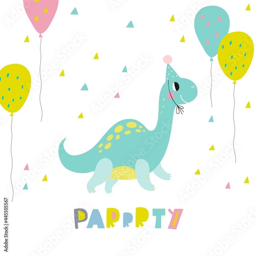 Cute dinosaur vector print for kids. Happy Birthday cards with cartoon dinosaur. Cute Dino pastel print for party decor.
