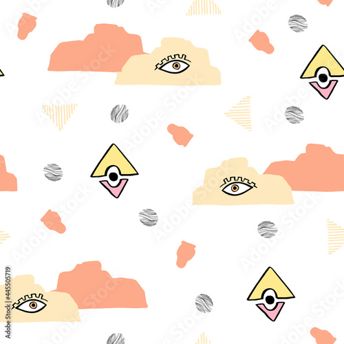 Modern abstract pattern with evil eyes amd landscape shapes. Magic print for textile fabric, wrapping paper,wallpaper decor.