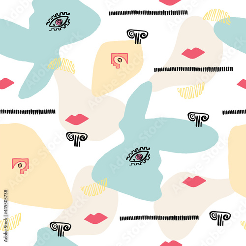 Modern abstract pattern with evil eyes and nature shapes. Cute print doodle for textile fabric, wrapping paper,wallpaper decor.