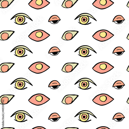 Modern abstract pattern witn eyes and nature shapes. Magic print for textile fabric, wraping paper,wallpaper decor.