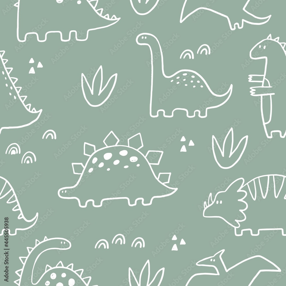 Cute dinosaur vector print for kids. Vector print  with cartoon dinosaur.  Cute Dino pastel print for party decor. Seamless pattern