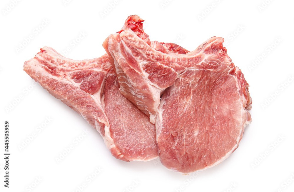 Slices of raw pork ribs on white background Slices of raw pork ribs on white background