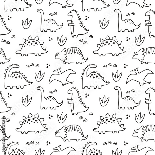 Cute dinosaur vector print for kids. Vector print  with cartoon dinosaur.  Cute Dino pastel print for party decor. Seamless pattern