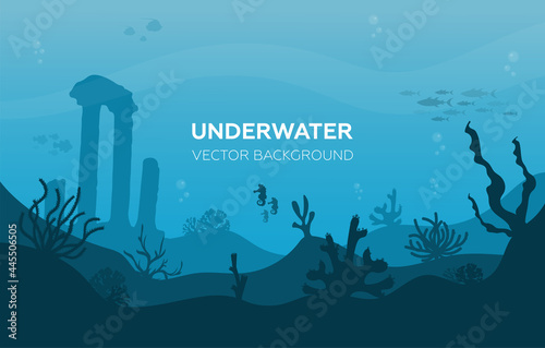 Underwater background with various sea views. Underwater scene. Cute sea fishes ocean underwater animals. Undersea bottom with corals seaweeds kids cartoon vector concept