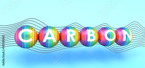 Carbon chemical element name on spheres. 3D illustration