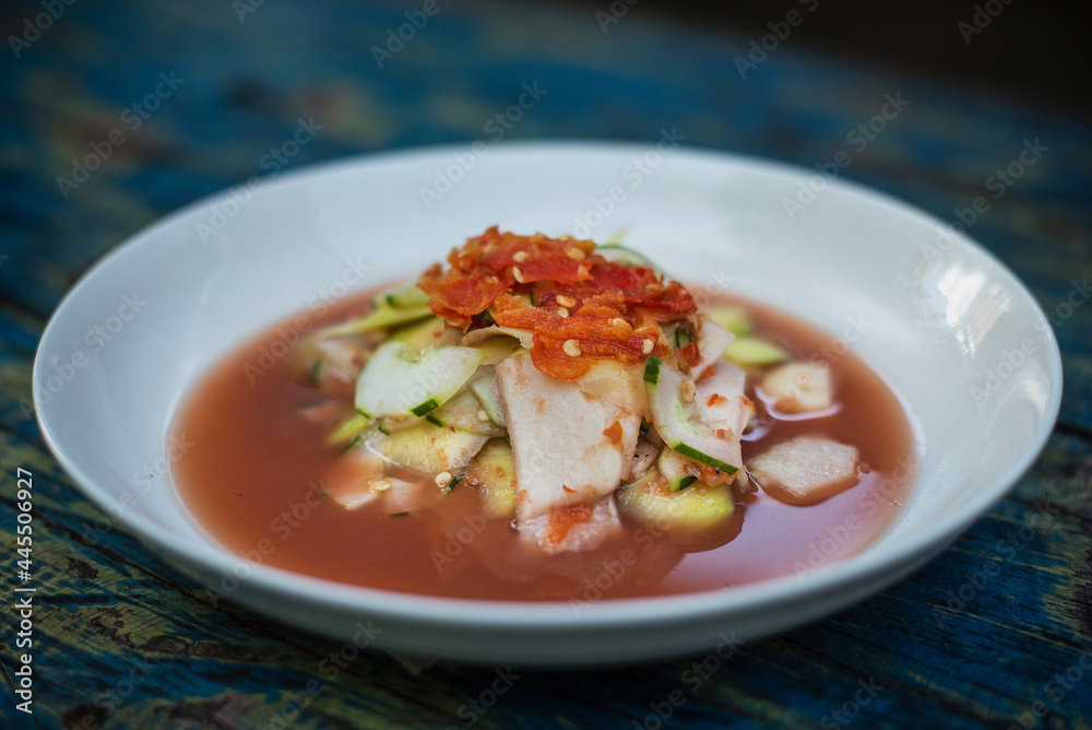 Rujak kuah pindang. traditional street food in bali indonesia. fruit salad with spicy chili sauce Rujak kuah pindang. traditional street food in bali indonesia. fruit salad with spicy chili sauce