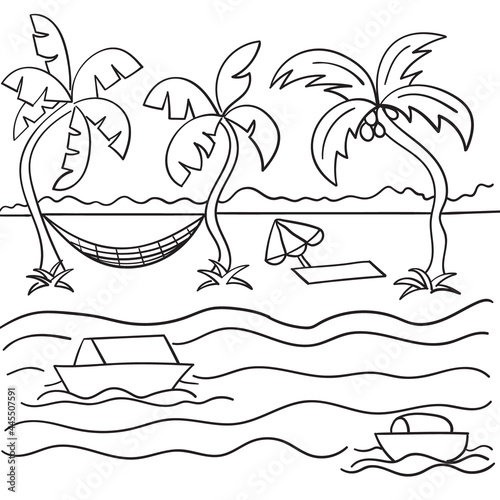 Natural Scenery cartoon for coloring with the theme of summer, beach, trees, sea, ship, clouds, grass, hammock for kids illustration 