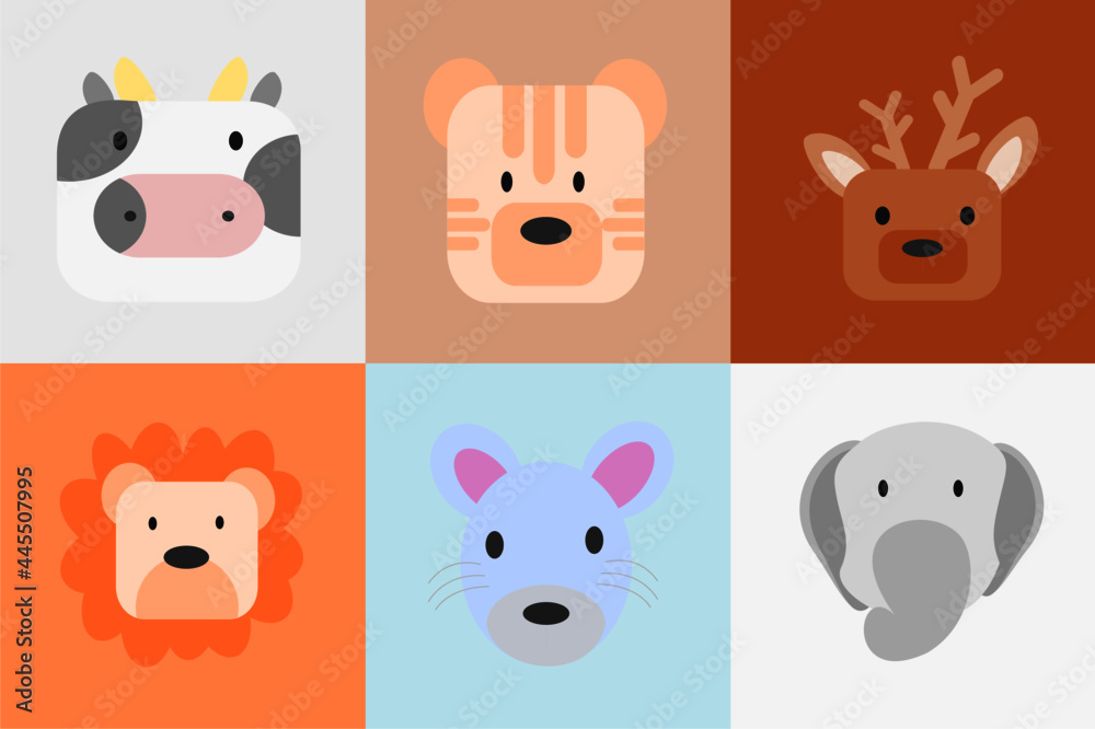 Cute simple animal portraits - cow, tiger, deer, lion, rat, elephant .Designs for baby clothes. Hand drawn characters. Vector illustration.
