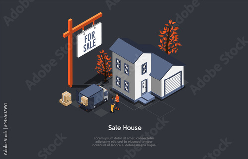 Conceptual Illustration With Text. Isometric Vector Composition. Cartoon 3D Style Design. Sale House, Real Estate Trade, Person Selling Apartment. Two Characters Shaking Hands. Agency Advertisement