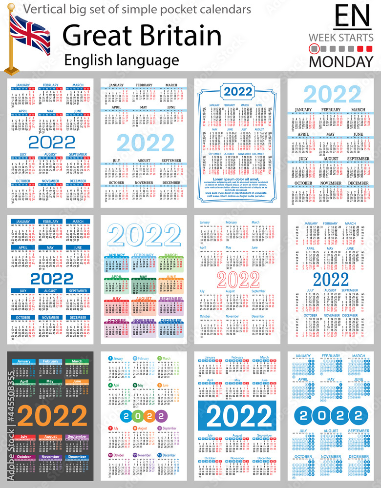 English vertical pocket calendars for 2022. Week starts Monday English vertical pocket calendars for 2022. Week starts Monday