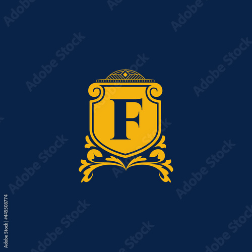 F Letter Initial with Royal Template. Elegant with crown logo vector, Creative Lettering Logo Vector Illustration. Royal shields badges, Coat of Arm Logo Concept.