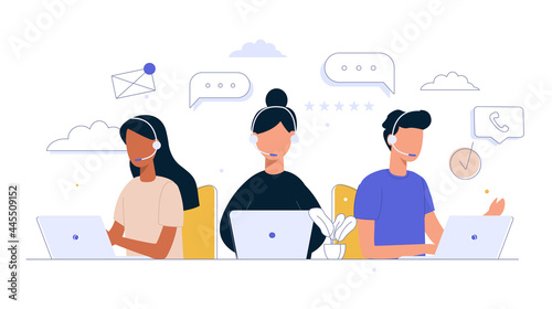 Customer service concept, hotline operator assistants, global technical support, customer support. Call center. Flat Vector Illustration.