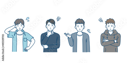 若い男性達　友達　若者　困る　悩む　不安　がっかり　大学生　イラスト素材