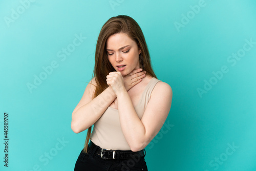 Teenager girl over isolated blue background coughing a lot