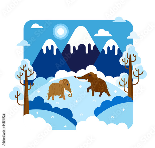 Two mammoths in the snow. Vector cartoon illustration in flat stile  Ice Age animals
