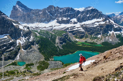 Man solo hiking above turquoise alpine lake. Lake O'Hara in Yoho National Park. British Columbia. Canada