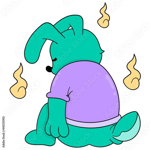 the bunny is sitting with a sad face mourning, doodle icon image kawaii