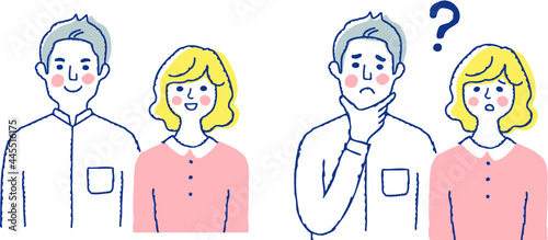若いカップル　笑顔と困った表情