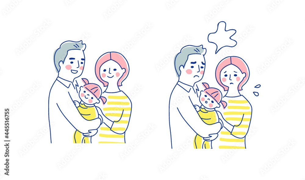 3人家族　笑顔と困った表情