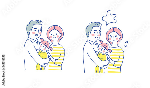 3人家族　笑顔と困った表情