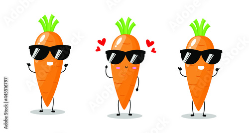 Vector illustration of carrot character with various cute expression, cool, happy, funny, set of carrot isolated on white background, simple minimal style, fresh fruit for mascot collection, emoticon