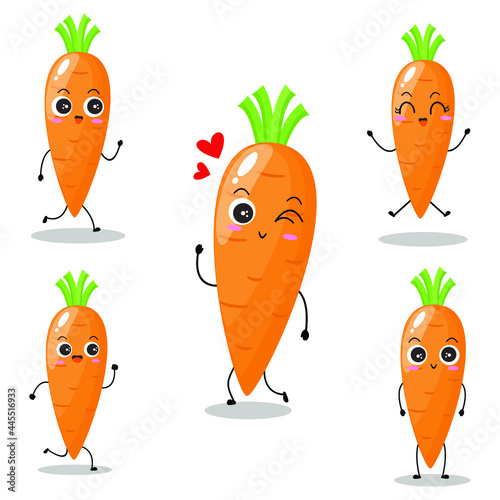 Vector illustration of carrot character with various cute expression, happy, funny, set of carrot isolated on white background, simple minimal style, for mascot collection, emoticon, kawaii, cool