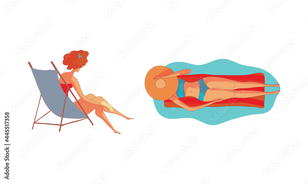 Energetic Woman Lying on Inflatable Lounge and Sunbathing on Sea Shore Vector Set