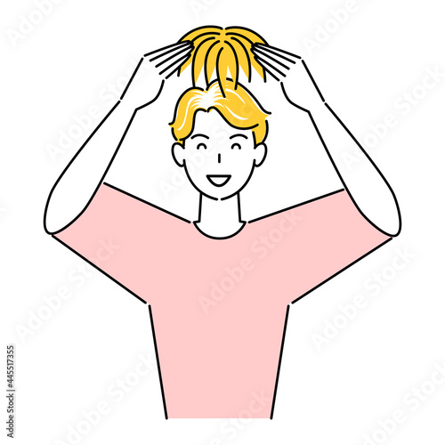 ヘアケア 部分カツラ（ウィッグ）を頭頂部に装着している可愛い男性 イラスト シンプル ベクター
