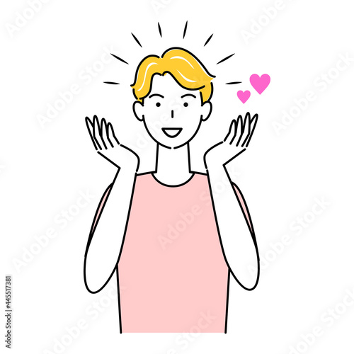 ヘアケア 部分カツラ（ウィッグ）を頭頂部に装着している笑顔の可愛い男性 イラスト シンプル ベクター 