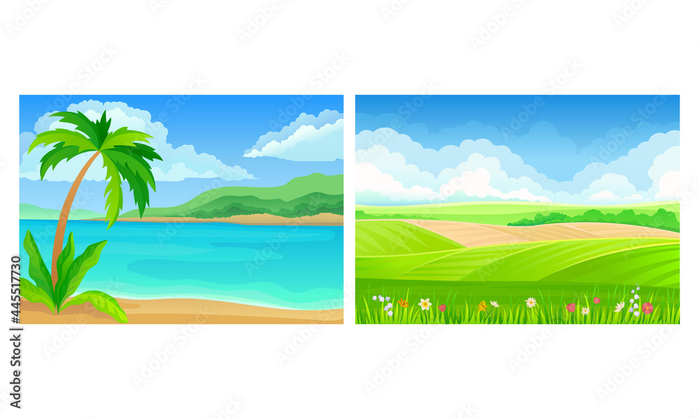 Fototapeta premium Landscape Panorama View with Sea Shore and Palm Tree Vector Set