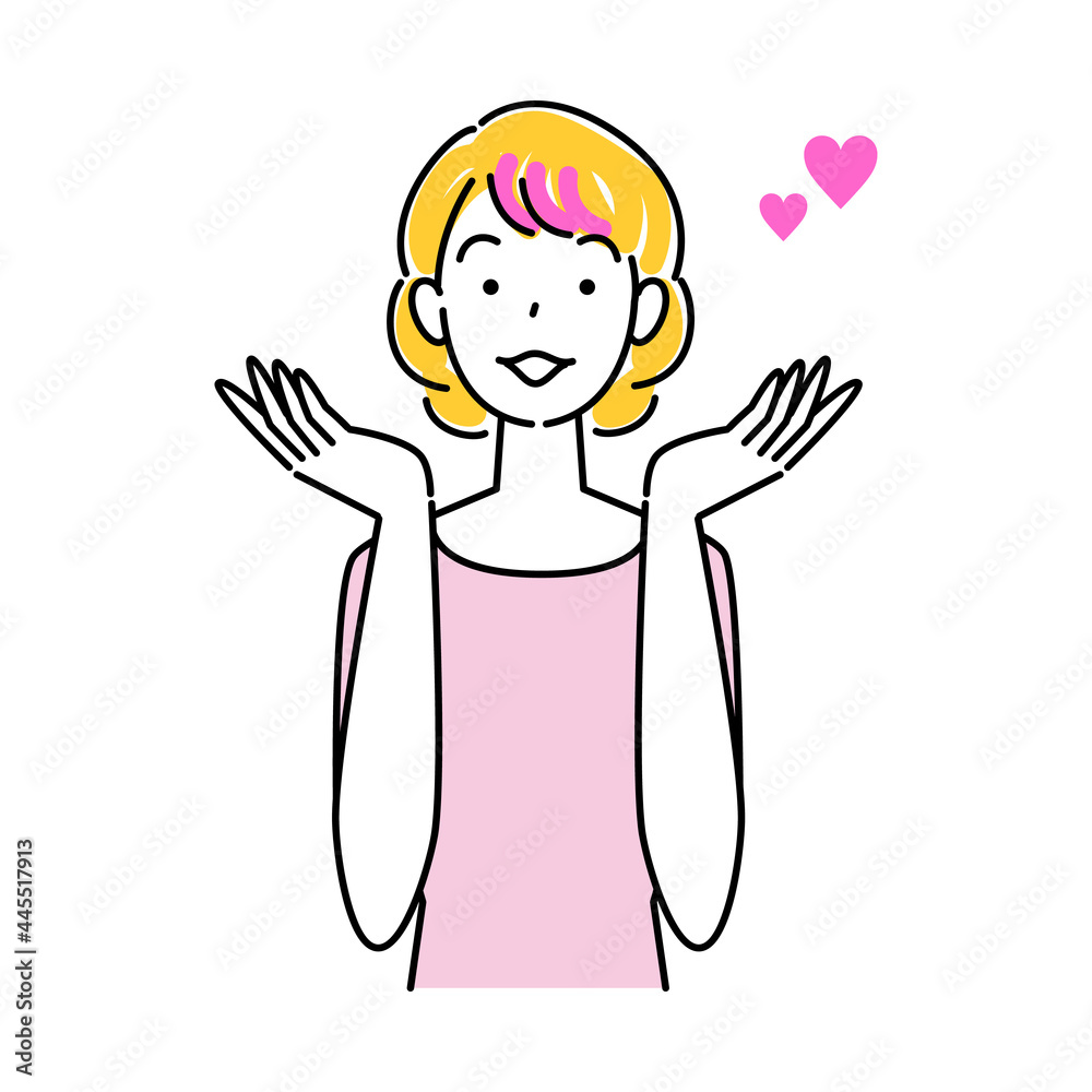 ヘアケア ヘアカラーで毛先をピンク色に染めて喜んでいる笑顔の可愛い女性 イラスト シンプル ベクター Hair Care A Lovely Smiling Woman Who Is Happy To Dye The Tips Of Her Hair Pink With A Single Point Of Color Simple Illustration Vector Vector