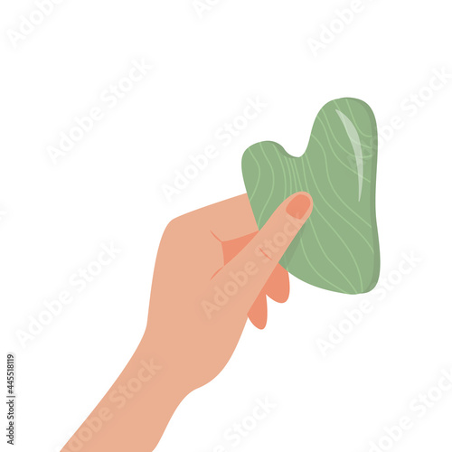 Gua Sha Jade scraping massage tool in hand. Natural green stone scraper. Facial massage. Face lifting. Skin care. Trendy beauty treatment. Vector flat illustration isolated on white.