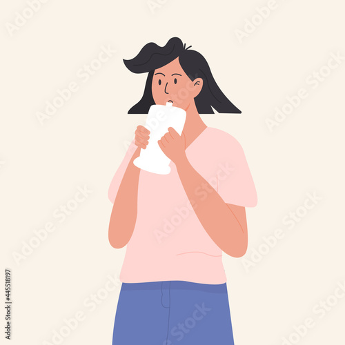 A female person undergoing medical GeNose C19 rapid test. Patient exhale into a plastic bag. Coronavirus breathalyzer device analyze breath sample. Covid medical testing. Vector illustration.