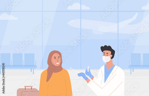 PCR testing at airport poster. Travelling with fit to fly certificate. Covid test before departure or on arrival. A male doctor wearing face mask takes nasal swab sample from muslim traveller. Vector.