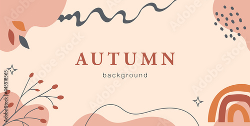 Boho Autumn horizontal banner template. Trendy abstract background with fall season forest branches, leaves and rainbow. Vector illustration in flat style.