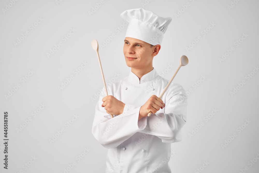 Cheerful male chef kitchen cooking professional work Cheerful male chef kitchen cooking professional work