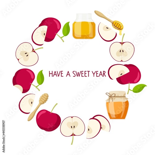 Happy Rosh Hashanah frame. Round apple fruit and honey border. Jewish New Year Holiday. Shana Tova Wreath isolate on white for card, border, background, banner, invitations