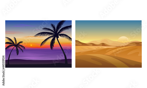 Sunset or Sunrise Horizontal Landscape View Vector Set