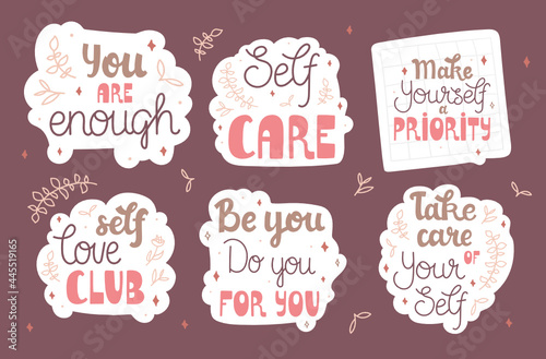 Set of stickers about self care and love. Collection of trendy lettering pieces with flower and leaves decorations. Pastel feminine colors. Pretty doodle designs.