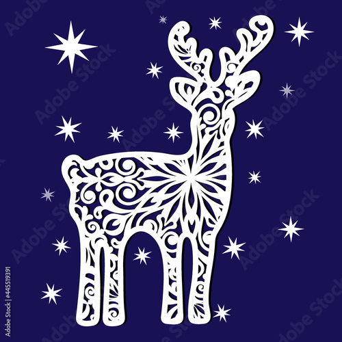 Openwork festive stencil of a deer with antlers. File for cutting