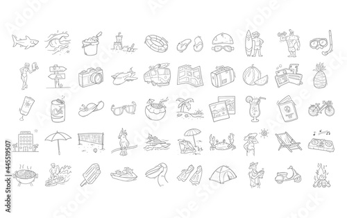 Summer vacation icon set. Hand drawn illustration. Contains icons such as beach  wave  cockatoo  surfing  bbq  hotel and more.