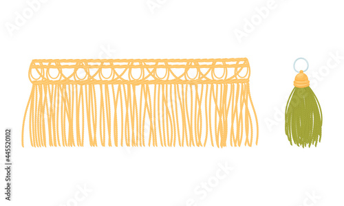 Fringe Trim and Tassel for Fabric and Clothing Decoration with Braided Cord and Yarn Skirt Vector Set