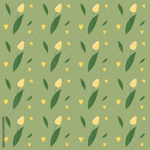 Seamless pattern with cute yellow tulips on green background. Endless texture for easter and spring design, greeting cards, fabrics, announcements, posters. Vector illustration