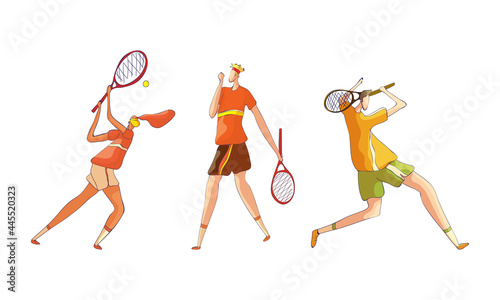 Man and Woman Athlete in Sportswear with Racket Playing Tennis Vector Set