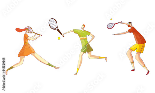 Man and Woman Athlete in Sportswear with Racket Playing Tennis Vector Set