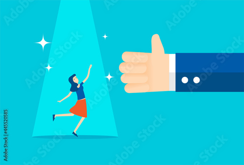 Thumb up gesturing hands approval feedback with businesswoman