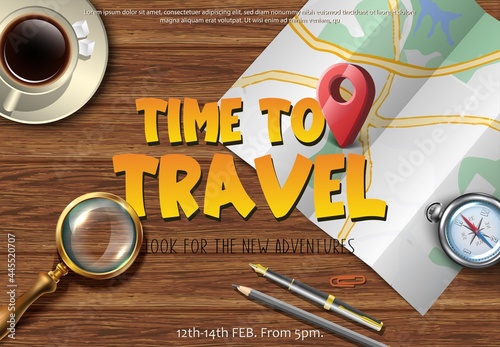 Vector travel banner, voyage map on the wooden table from above with magnifying glass and compass.