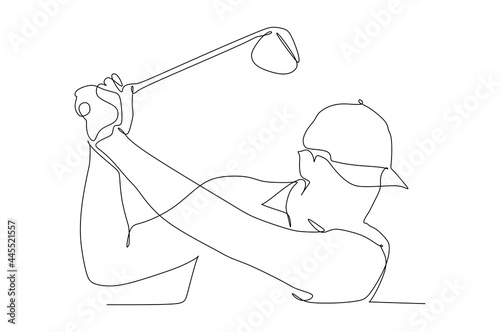 One single line drawing of young sporty golf player hit the ball using golf club vector graphic illustration. Healthy sport concept. Modern continuous line draw design for golf tournament poster