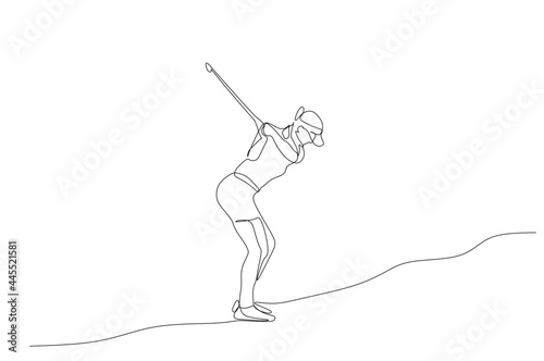 Continuous line drawing of young woman playing golf. Single one line art concept of professional golfer holding stick to hit ball. Vector illustration